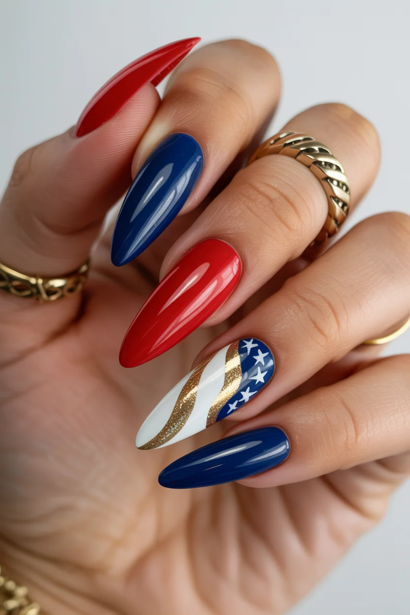 red white and blue nails 2026 Gold Accent Patriotic Nails With Luxe Details