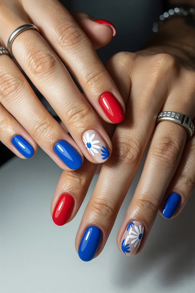 red white and blue nails 2026 Retro Daisy Nails With a Soft Americana Feel
