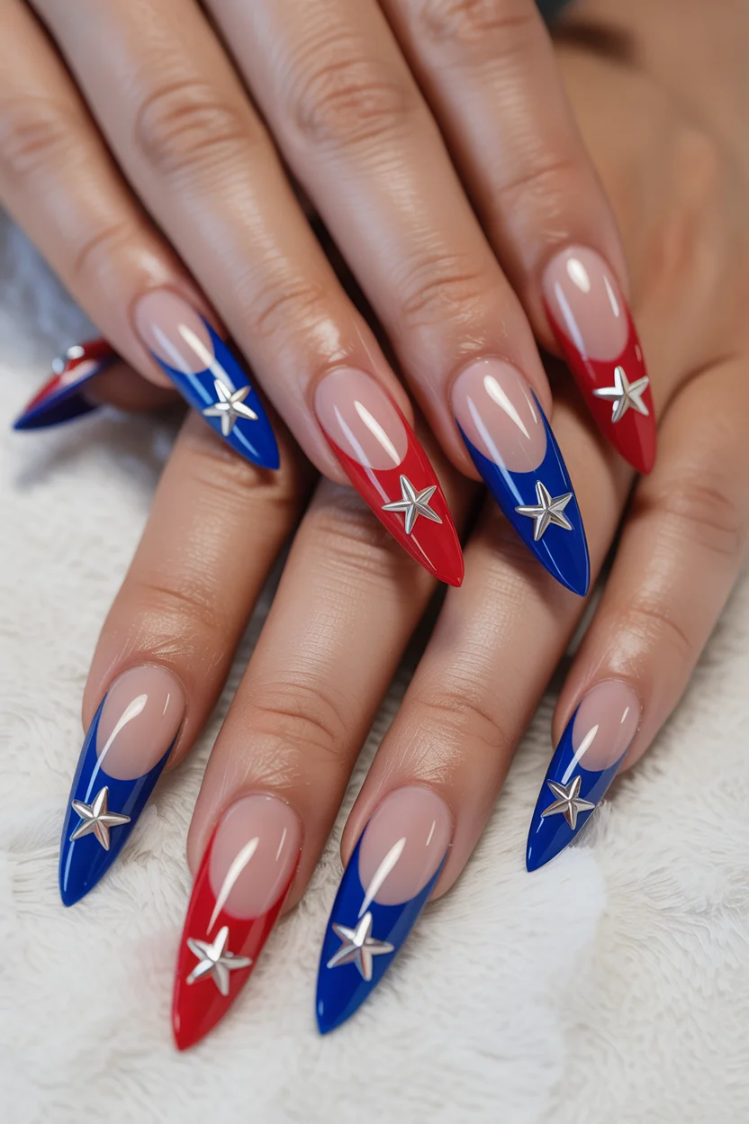 red white and blue nails 2026 Star Accent French Tips With Sharp Stiletto Shapes