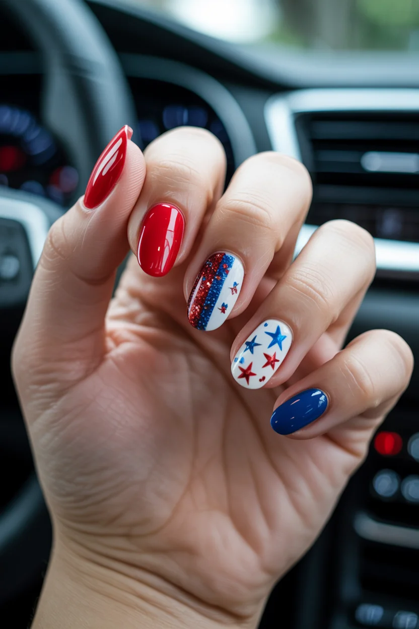 red white and blue nails 2026 Glitter Stripe Nails With Playful Star Accents