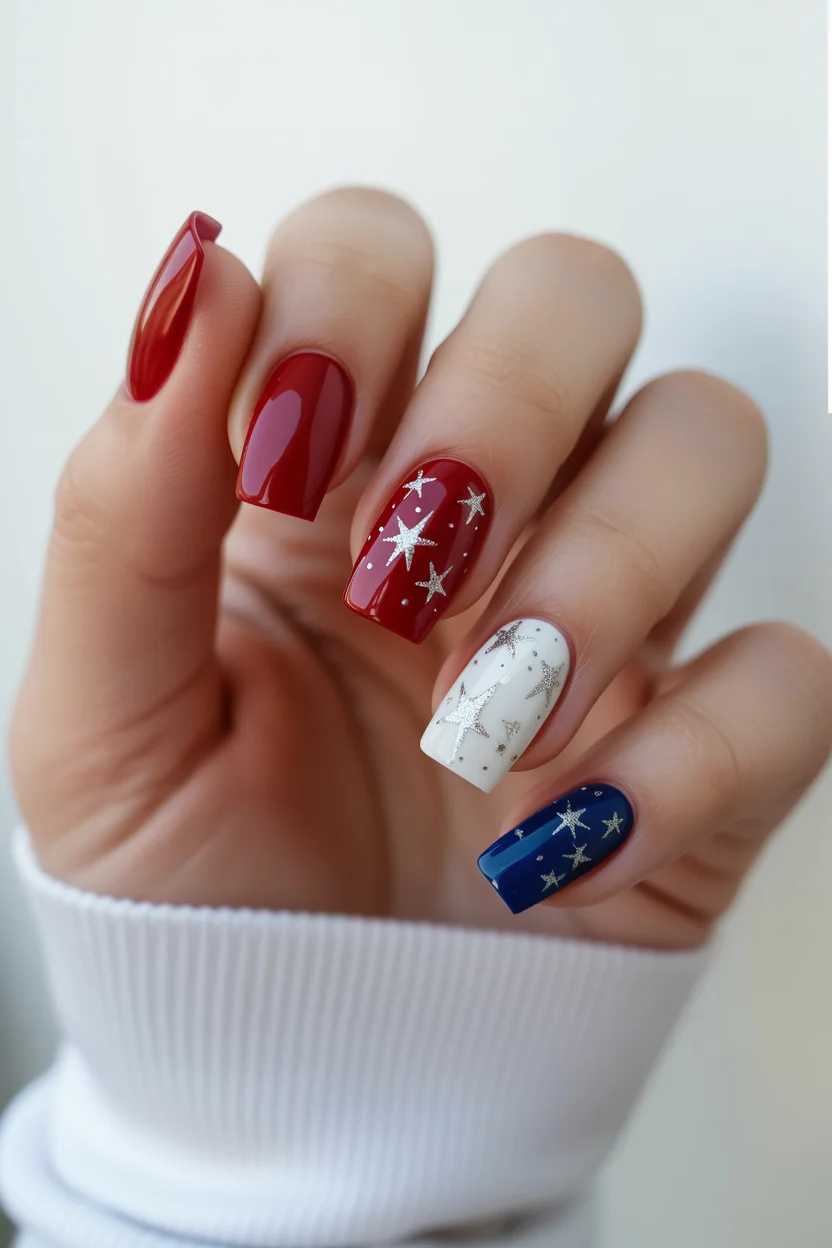 red white and blue nails 2026 Silver Star Nails With a Soft Firework Effect