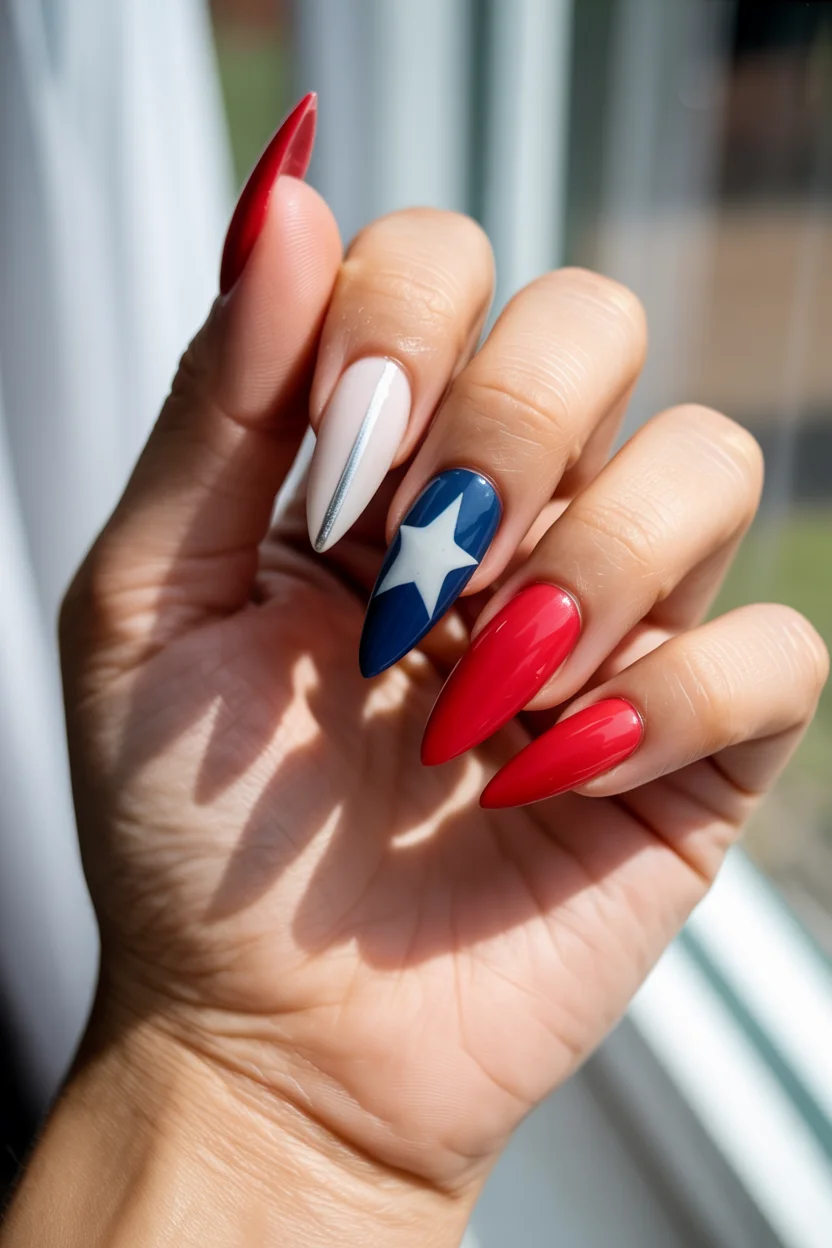 red white and blue nails 2026 Bold Lone Star Nails With Dramatic Almond Shapes
