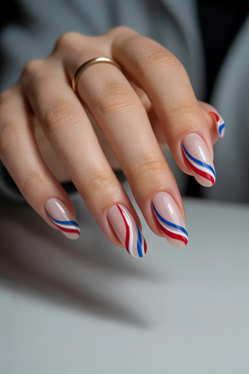 red white and blue nails 2026 Soft Ribbon Wave Nails for a Minimal Americana Look