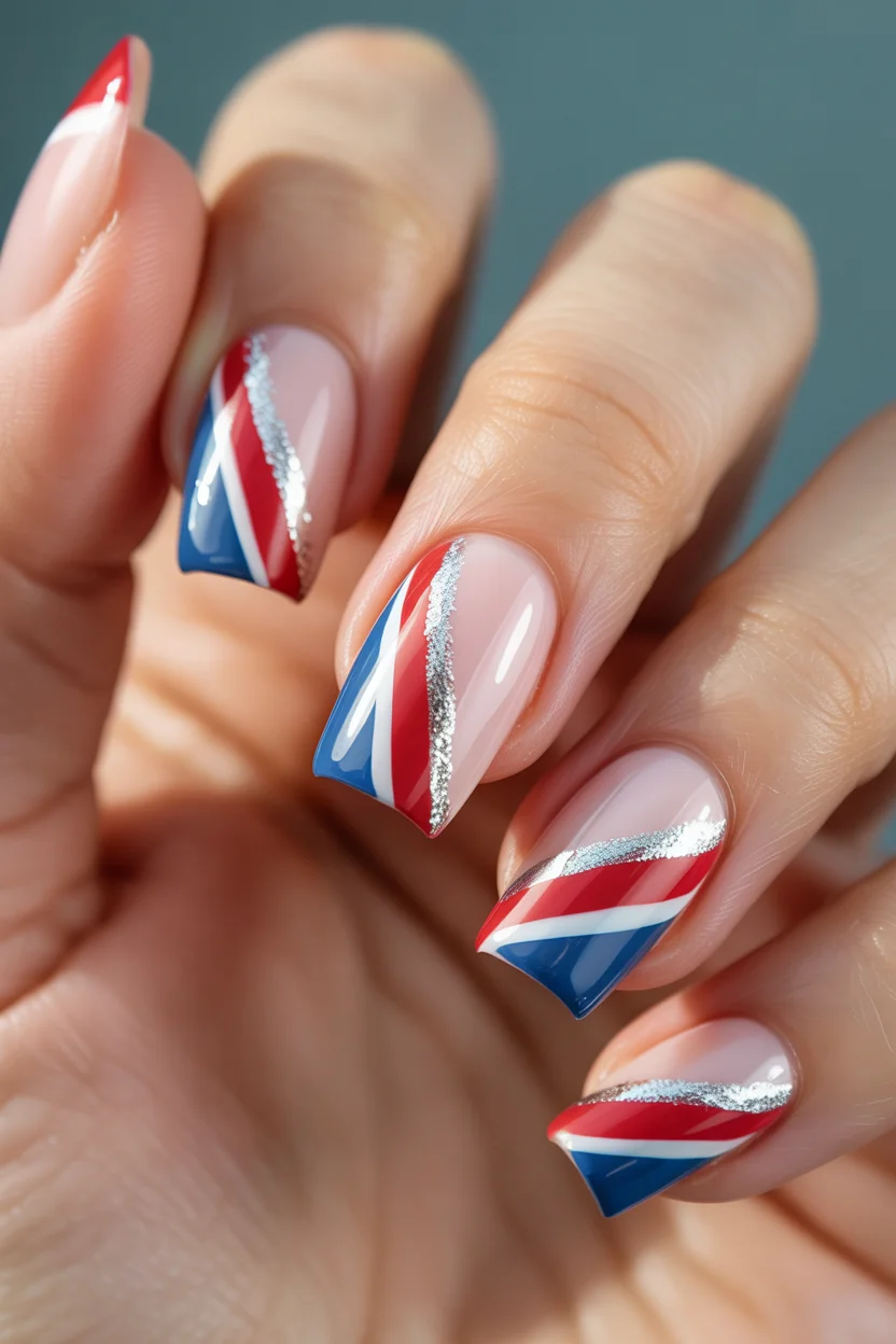 red white and blue nails 2026 Diagonal Ribbon Nails With Glitter Accents