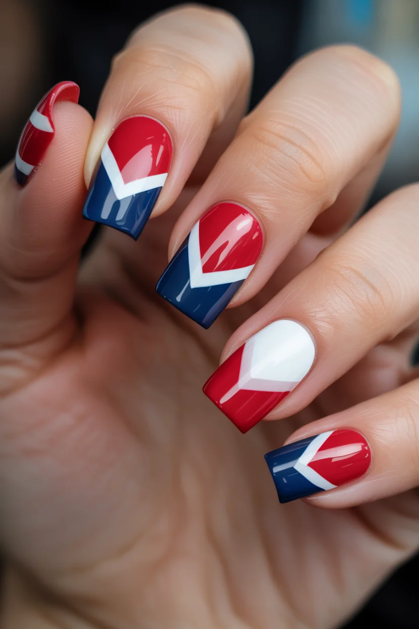 red white and blue nails 2026 Graphic Color Block Nails With Sharp White Details