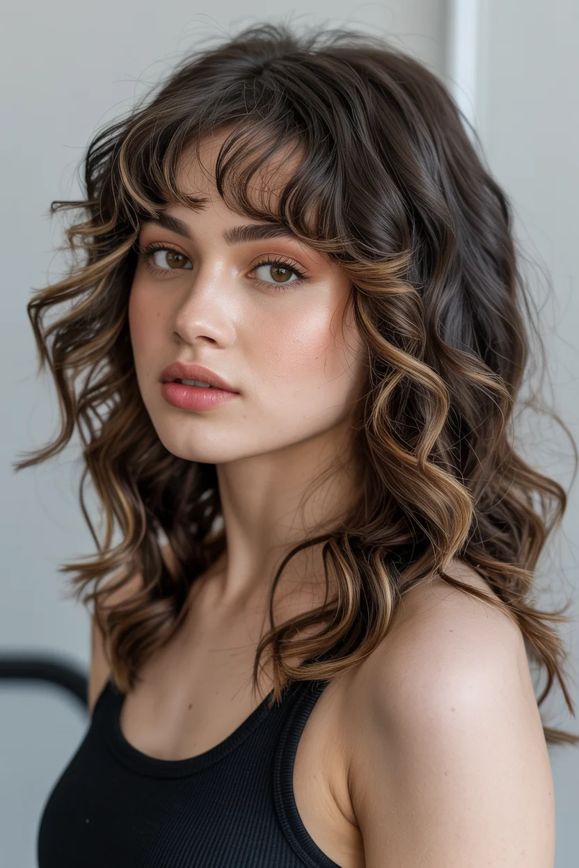 retro summer shag hairstyle 2026 Glossy Espresso Curls With Ribbon Highlights