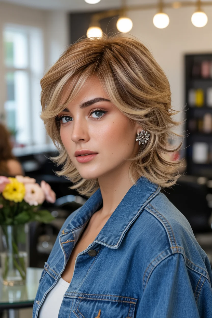 retro summer shag hairstyle 2026 Layered Champagne Shag Bob With Retro Lift