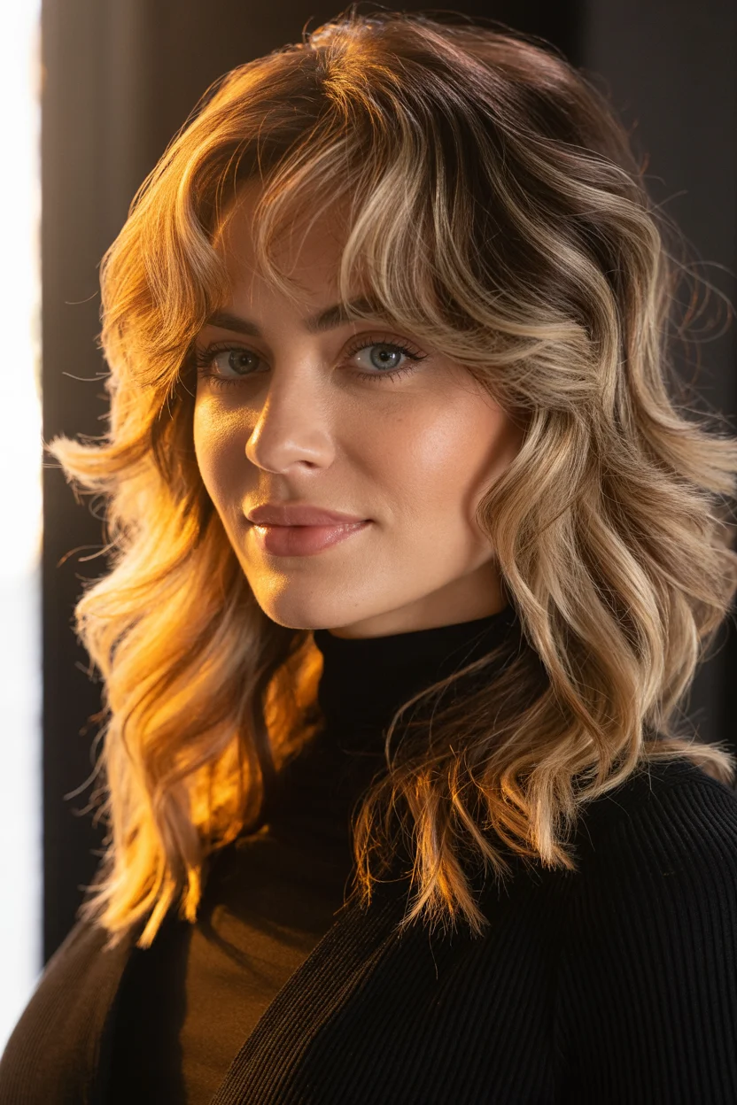 retro summer shag hairstyle 2026 Golden Mocha Shag With Feathered Curtain Fringe