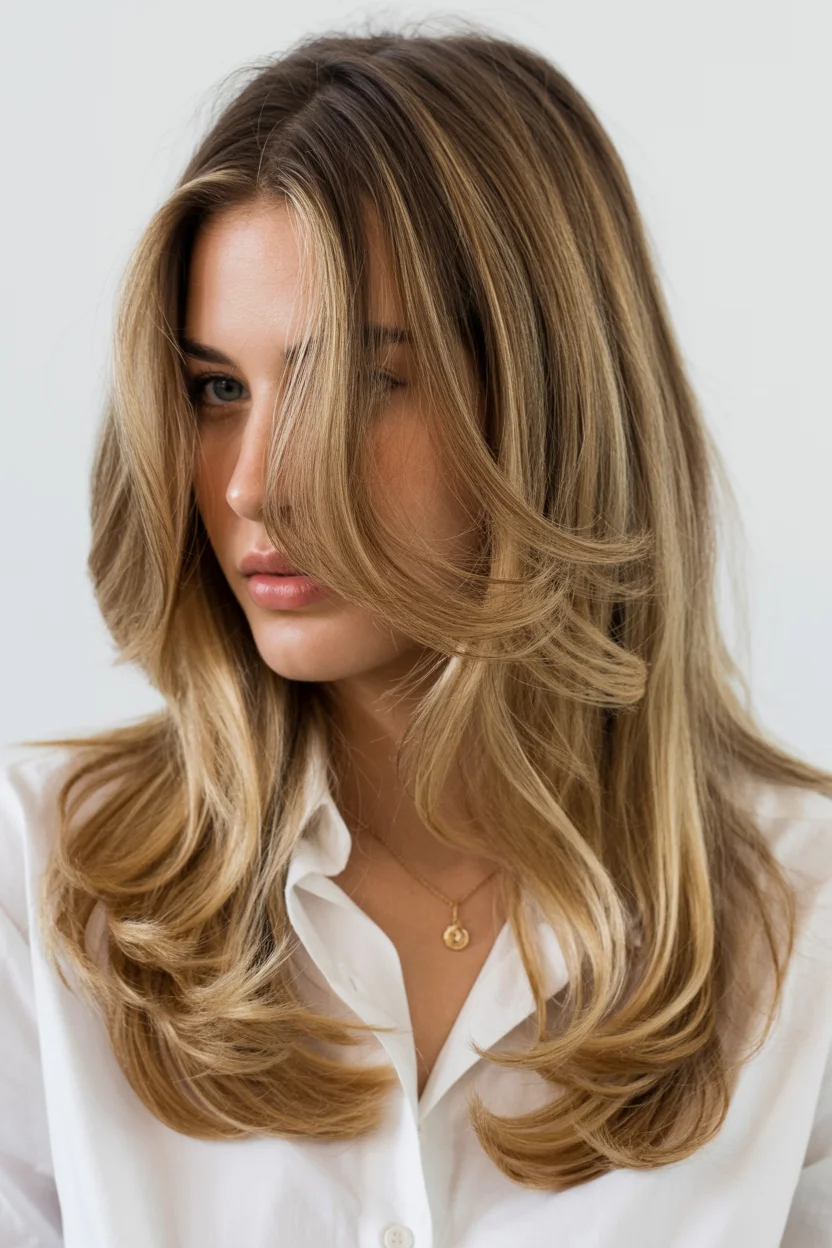 retro summer shag hairstyle 2026 Champagne Blowout Shag With Floating Layers
