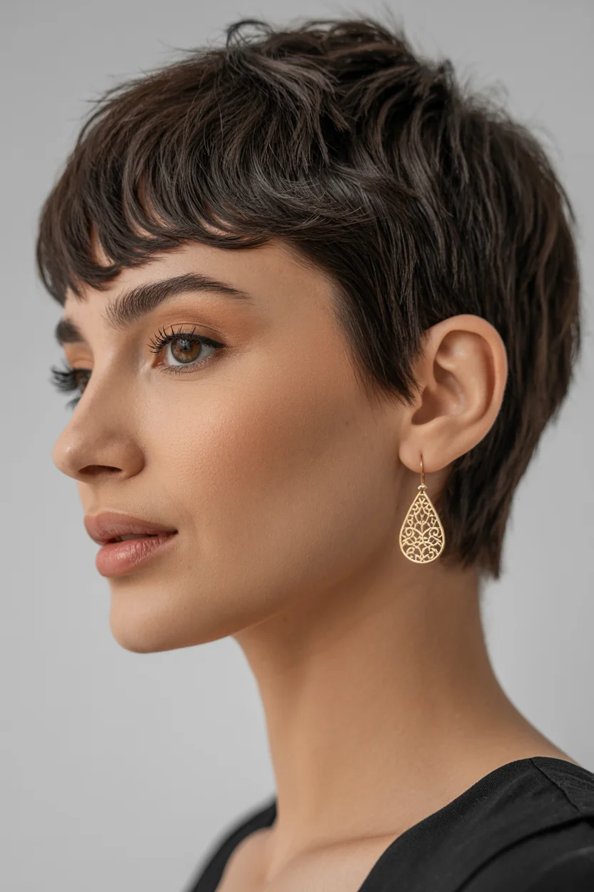 retro summer shag hairstyle 2026 Soft Espresso Pixie With Micro Fringe Texture