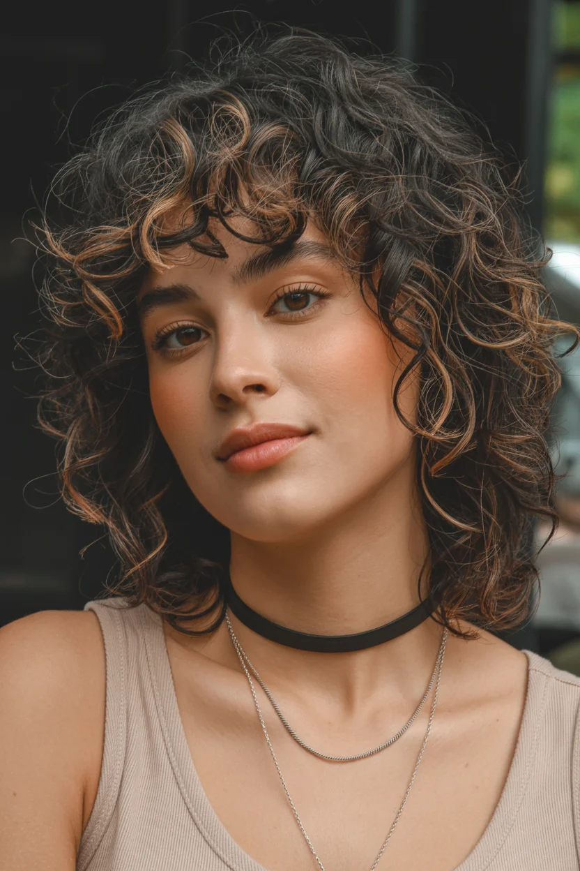 retro summer shag hairstyle 2026 Dark Retro Curls With Face-Framing Copper Accents