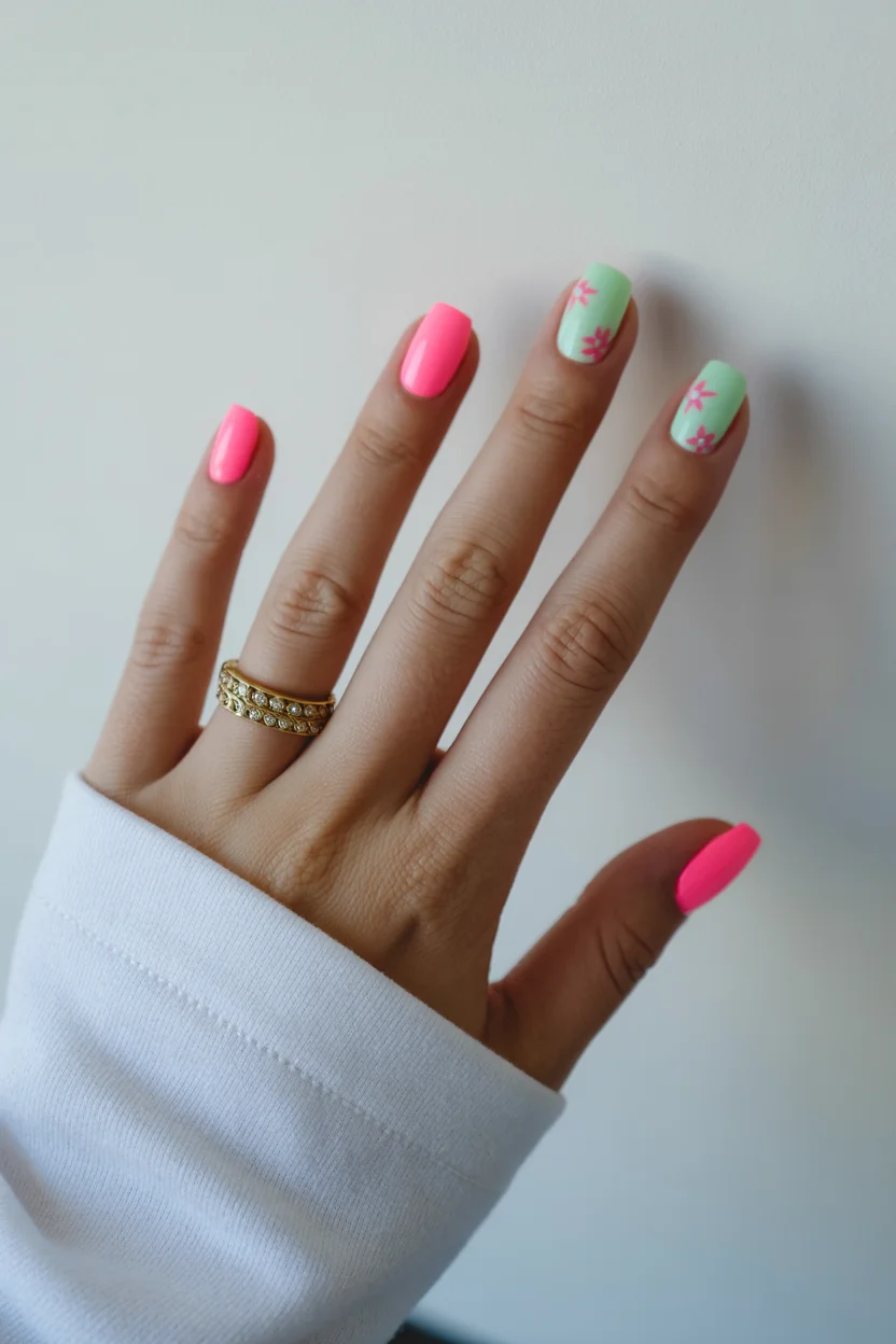 short gel nails summer 2026 Pink and Mint Floral Nails That Feel Soft and Playful at the Same Time