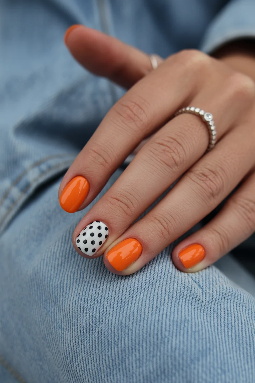 short gel nails summer 2026 Orange Polka Dot Nails With a Playful Retro Twist