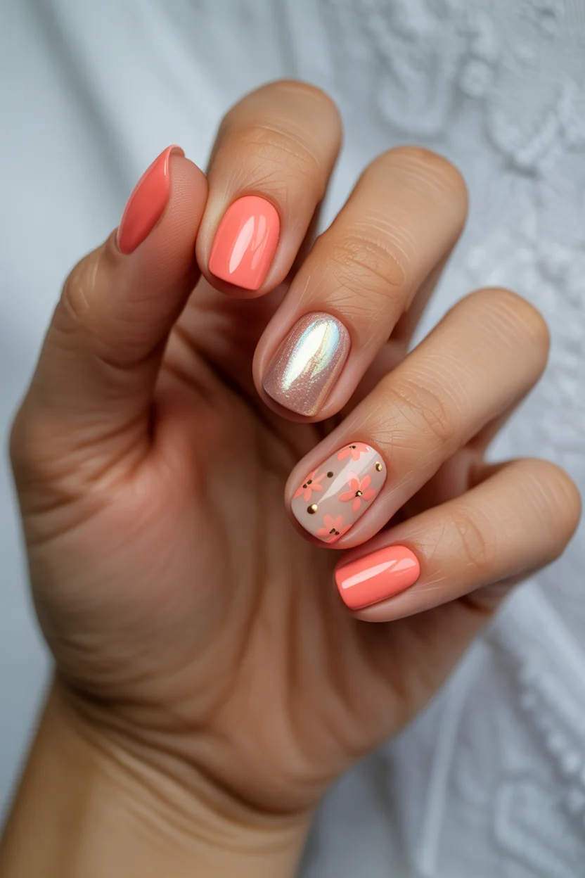short gel nails summer 2026 Coral Floral Nails With Soft Pearl Shine