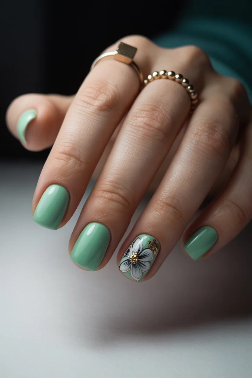 short gel nails summer 2026 Soft Sage Green Nails With Delicate Floral Details