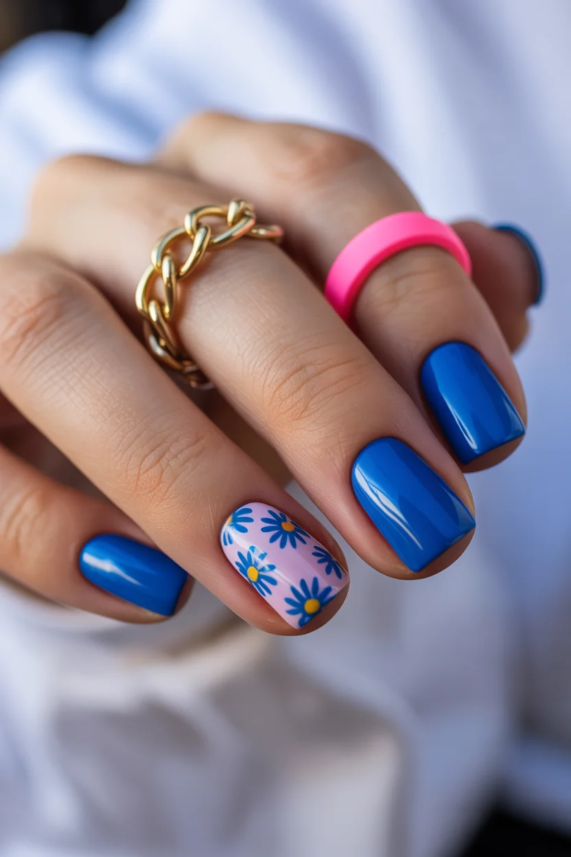 short gel nails summer 2026 Royal Blue Daisy Nails With a Bold Retro Summer Mood