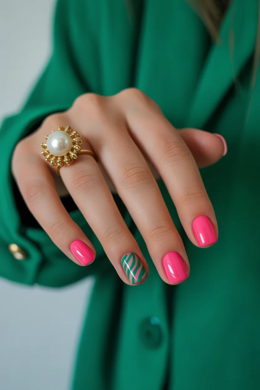 short gel nails summer 2026 Hot Pink and Green Swirl Nails That Feel Fresh and Unexpected