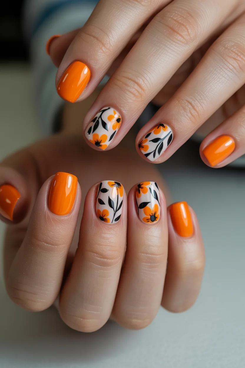 short gel nails summer 2026 Orange Floral Gel Nails That Feel Like a Mediterranean Summer