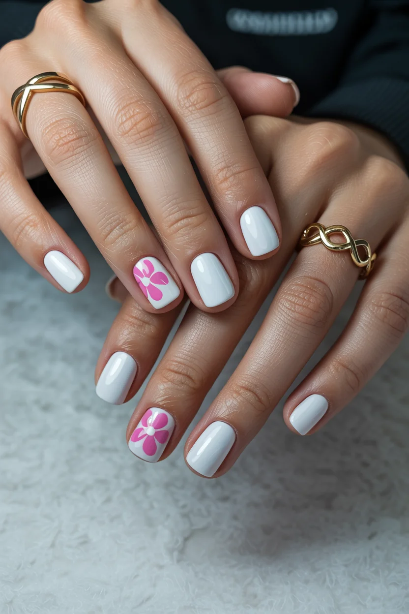 short gel nails summer 2026 Clean White Flower Nails With Minimalist Summer Energy