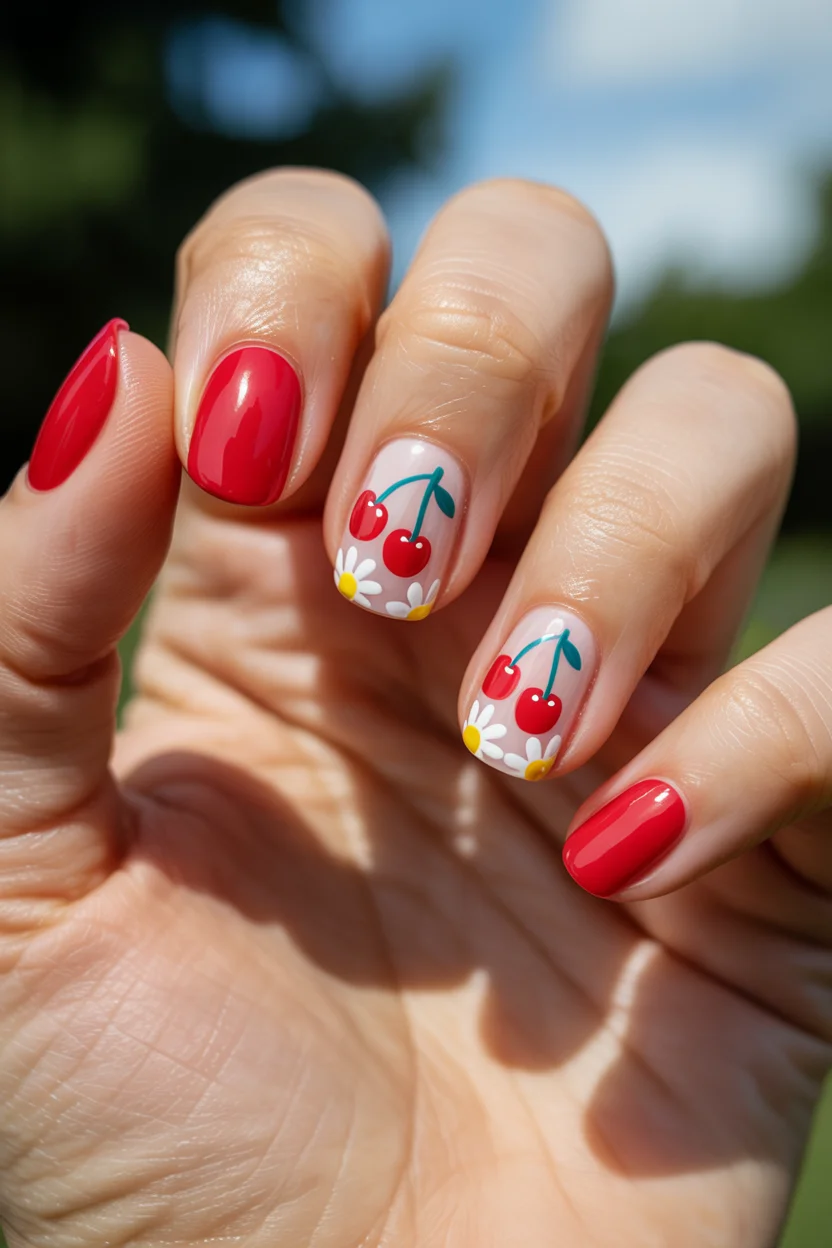 short gel nails summer 2026 Cherry Red Nail Art That Brings Back Playful Summer Nostalgia
