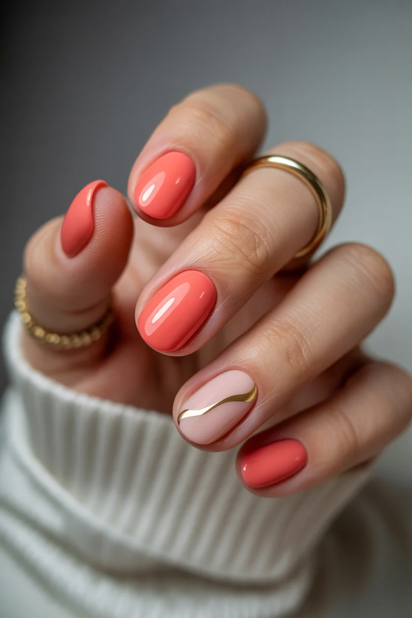 short gel nails summer 2026 Soft Coral Minimal Nails With Delicate Gold Details