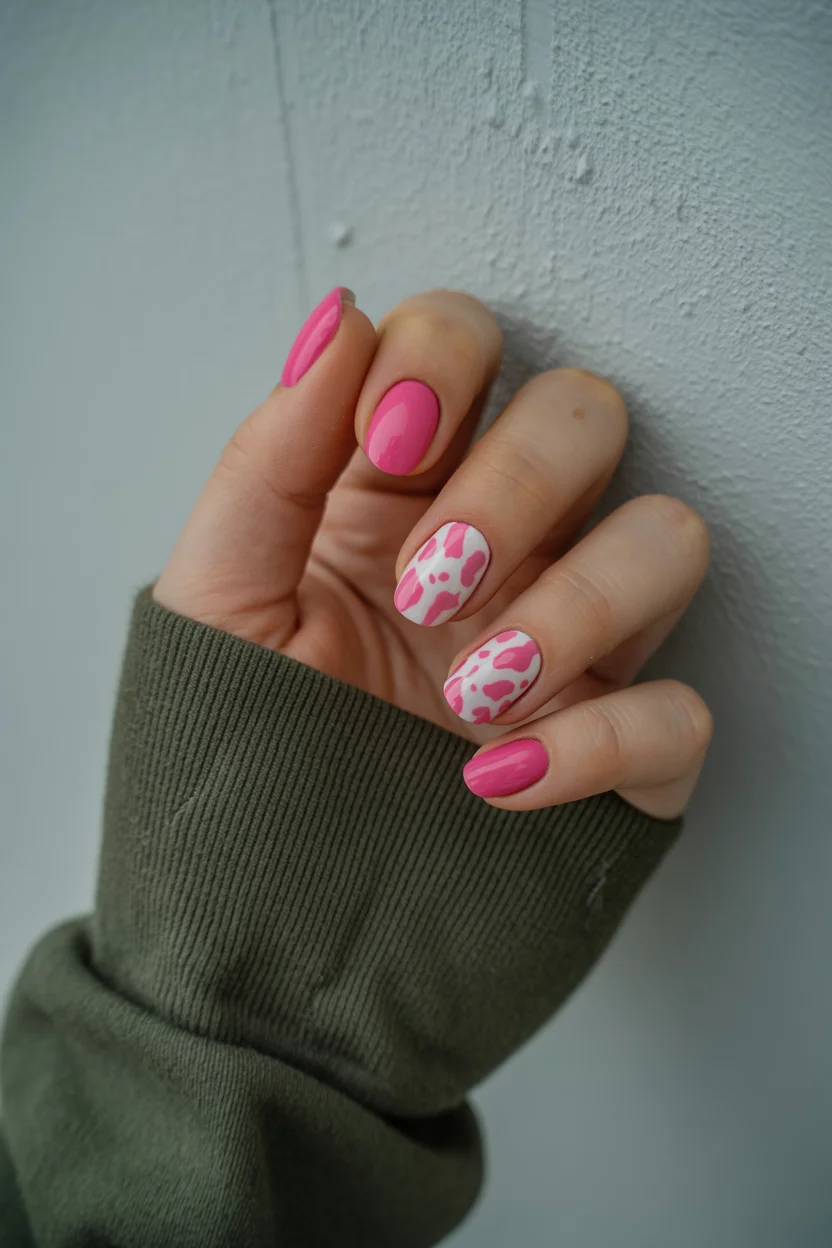 short gel nails summer 2026 Pink Cow Print Nails That Feel Surprisingly Cool for Summer 2026