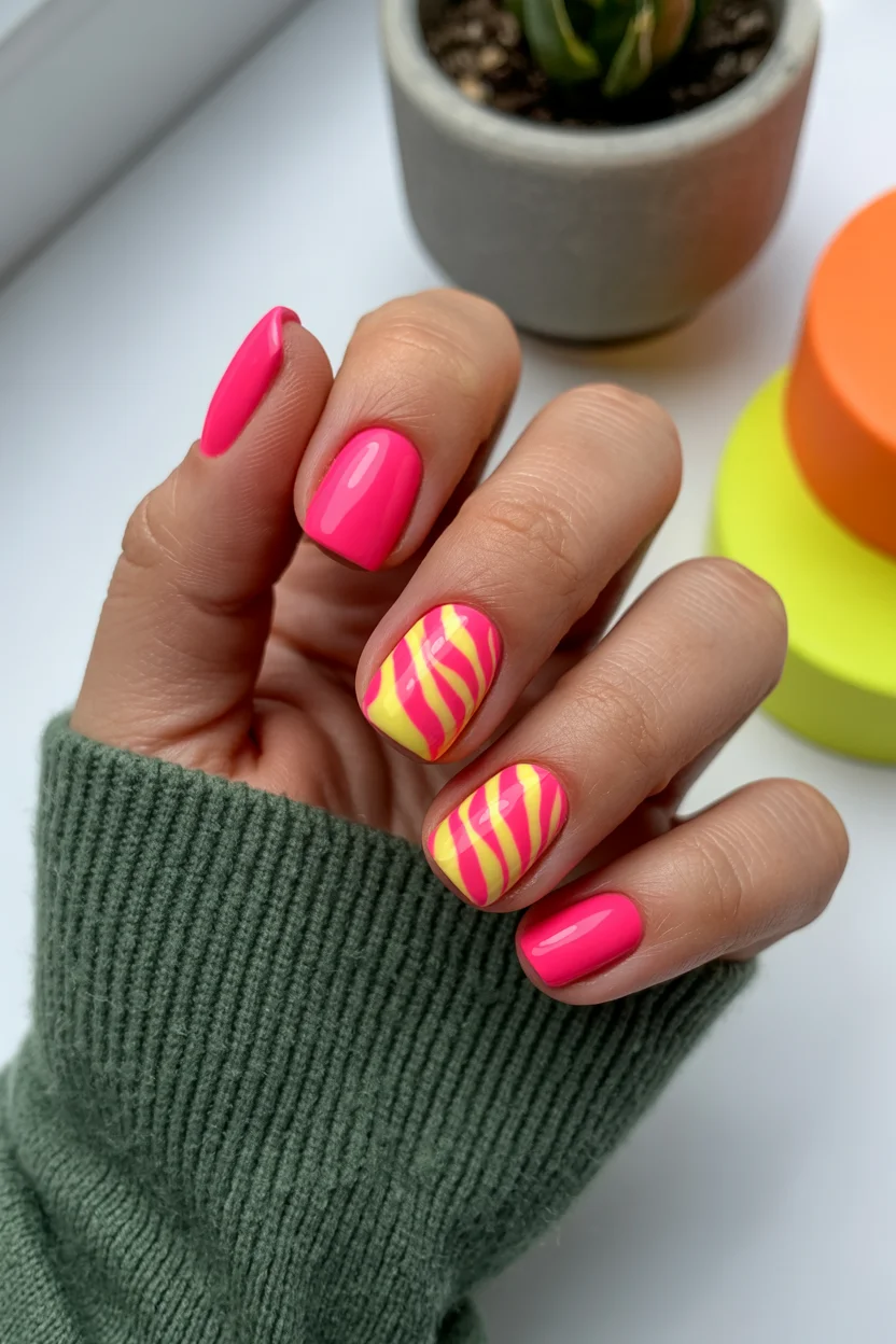 short gel nails summer 2026 Neon Pink Swirl Nails That Instantly Wake Up a Summer Outfit