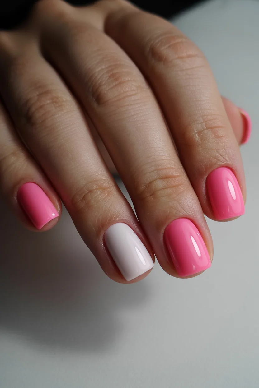short gel nails summer 2026 Glossy Pink and White Nails That Prove Simplicity Still Wins