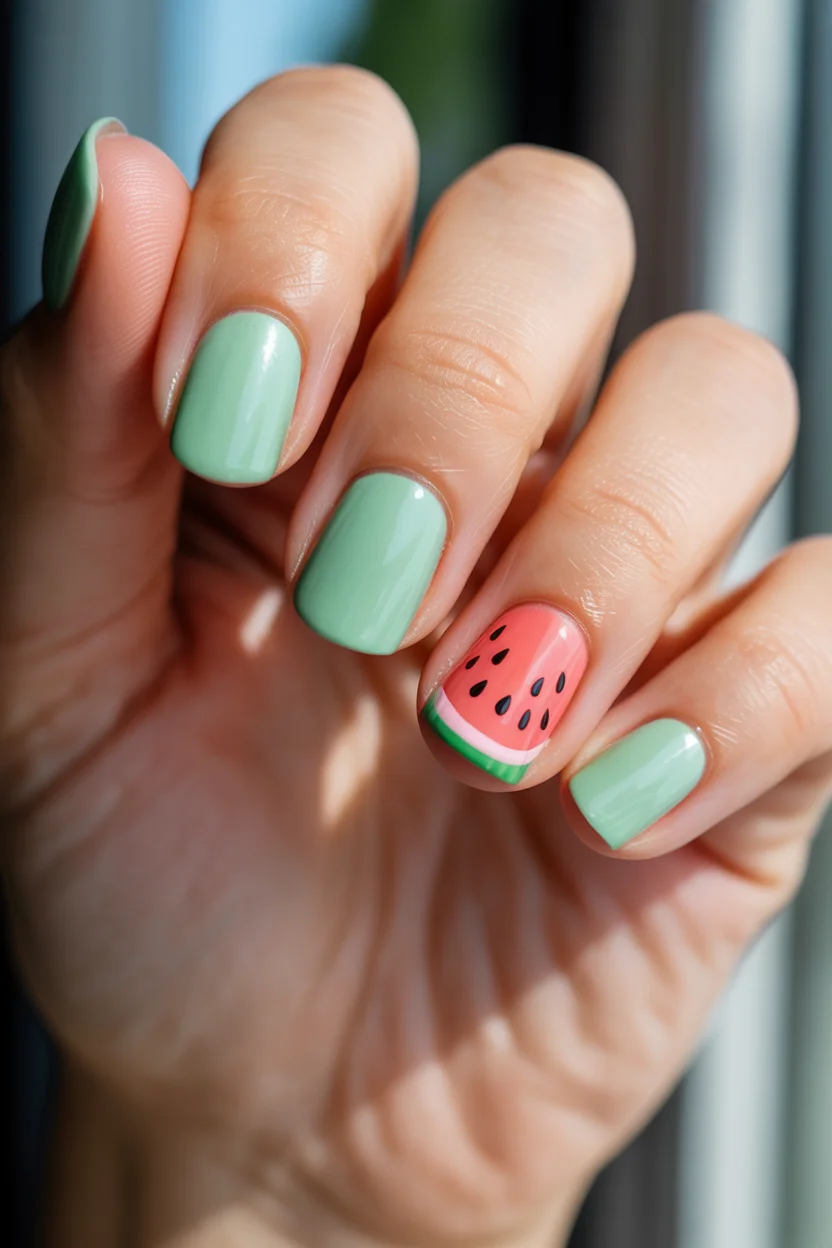 short gel nails summer 2026 Mint Green Watermelon Nails With Fresh Fruit Energy