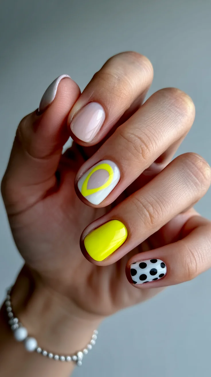 short squoval nails design 2026 Neon Lemon Accents With Playful Graphic Details