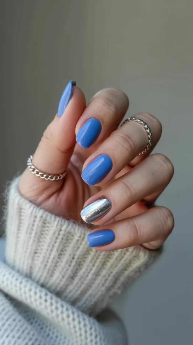 short squoval nails design 2026 Periwinkle Blue With A Touch Of Silver Shine