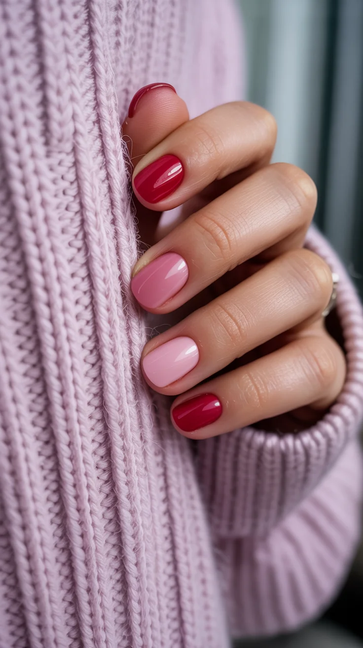 short squoval nails design 2026 Berry And Blush Color Blocking For Everyday Elegance