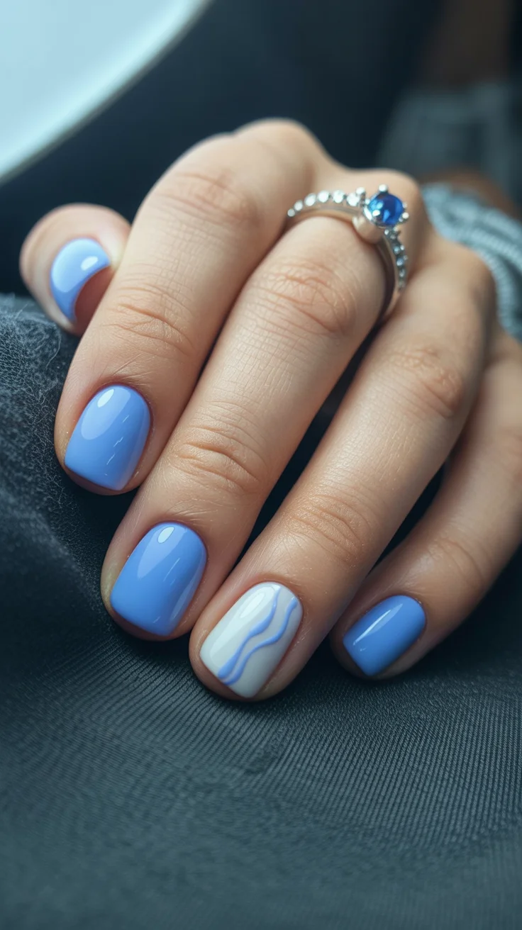 short squoval nails design 2026 Soft Blue Waves With Minimalist Nail Art
