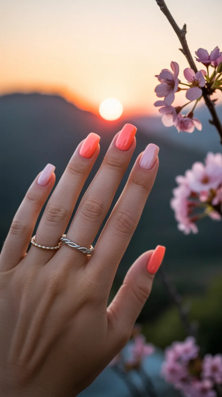 short squoval nails design 2026 Coral And Blush Pairing Inspired By Spring Blooms