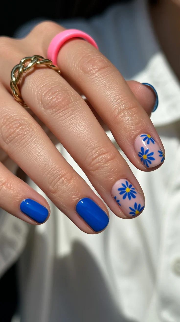 short squoval nails design 2026 Cobalt Blue Florals That Feel Like Summer