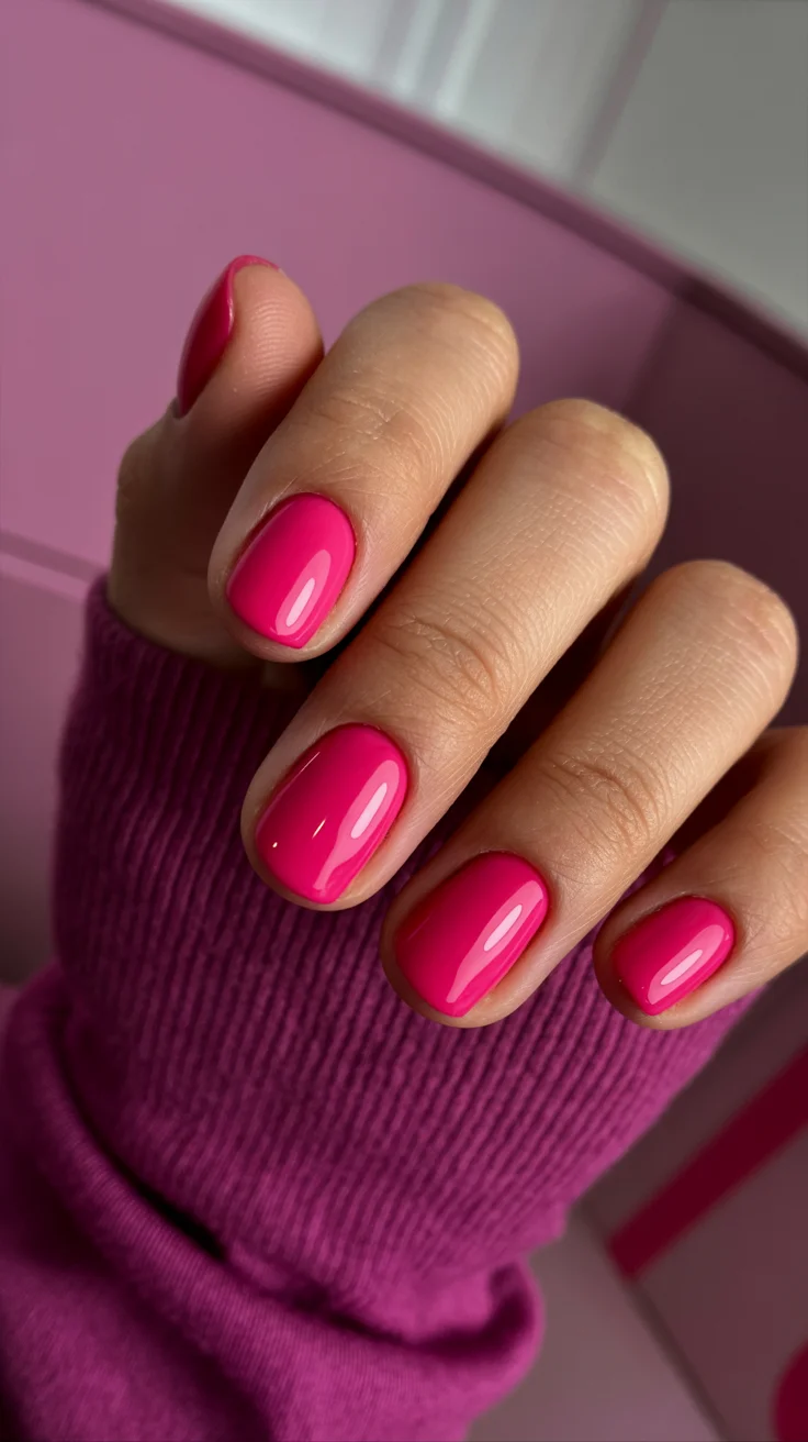 short squoval nails design 2026 Glossy Hot Pink For Maximum Confidence