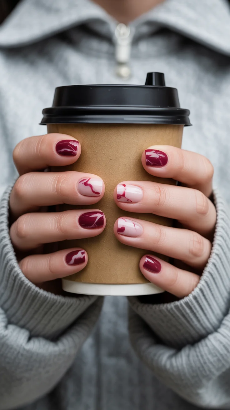 short squoval nails design 2026 Berry Swirls With Modern Minimalist Art