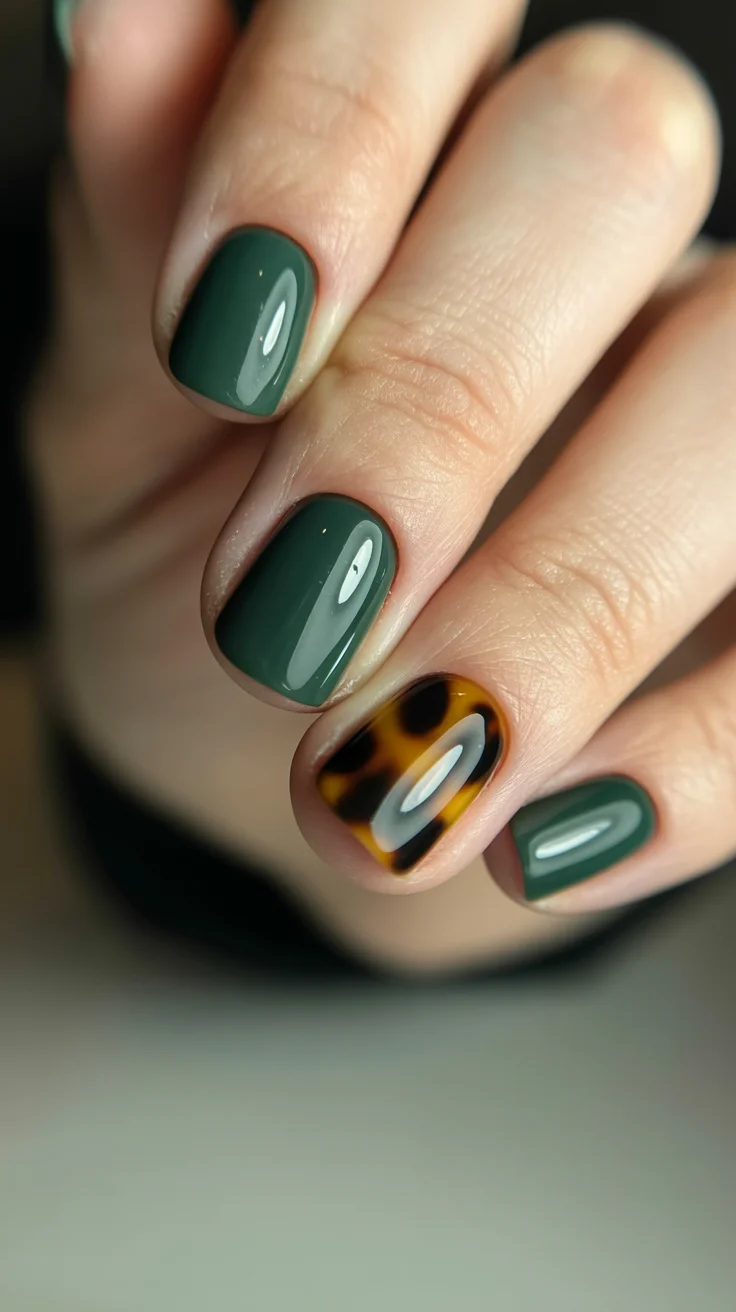 short squoval nails design 2026 Olive Green And Tortoiseshell Elegance