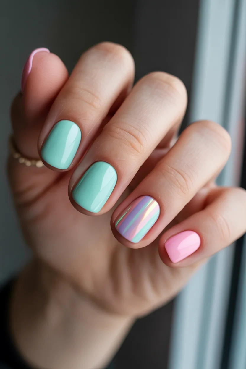 short summer nails 2026 Pastel Mix Nails With a Pearly Glow