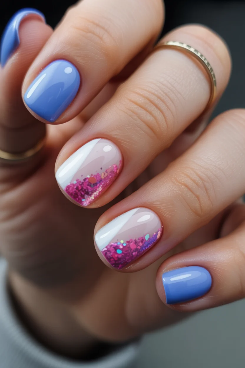 short summer nails 2026 Blue and Pink Glitter French Tips for Late Summer Nights