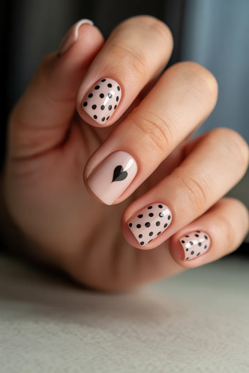 short summer nails 2026 Black Heart and Polka Dot Nails With Parisian Energy