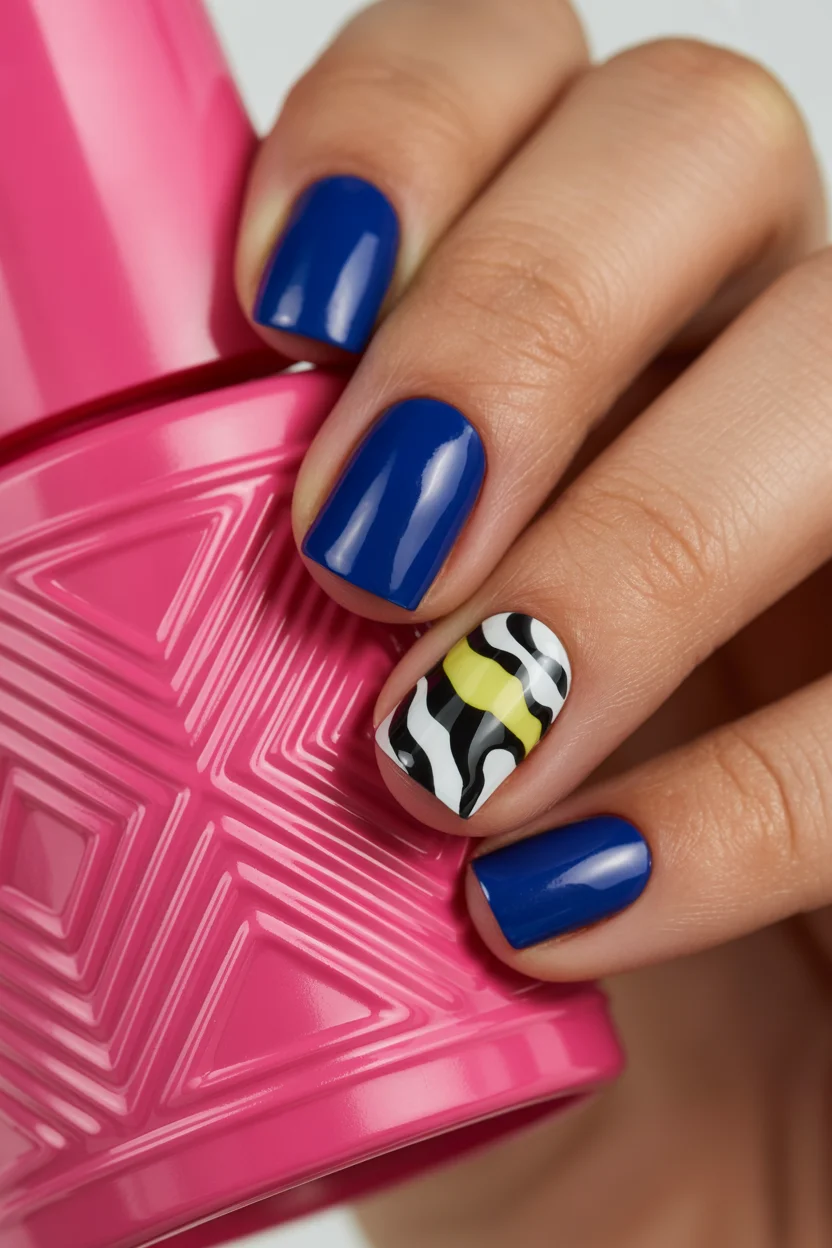 short summer nails 2026 Electric Blue Nails With Graphic Art Accents