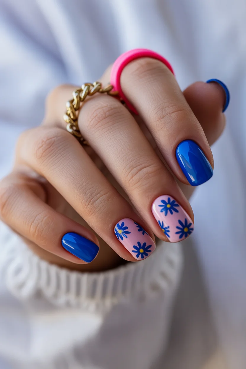 short summer nails 2026 Retro Blue Florals That Feel Like a Vacation Mood Board