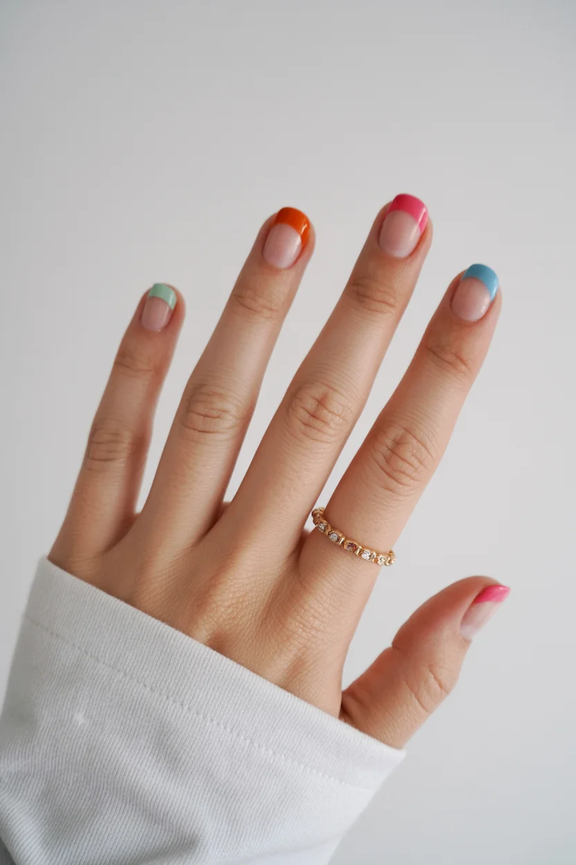 short summer nails 2026 Micro French Tips With Bright Candy Colors