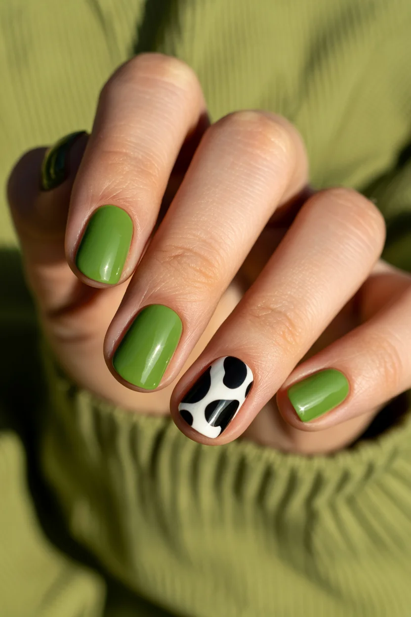 short summer nails 2026 Playful Green Nails With a Cow Print Accent