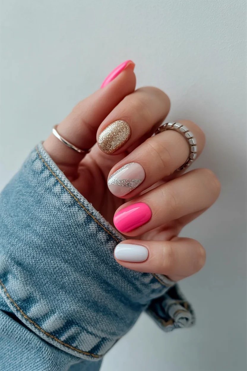 short summer nails 2026 Hot Pink and Gold Nails That Feel Made for Rooftop Evenings