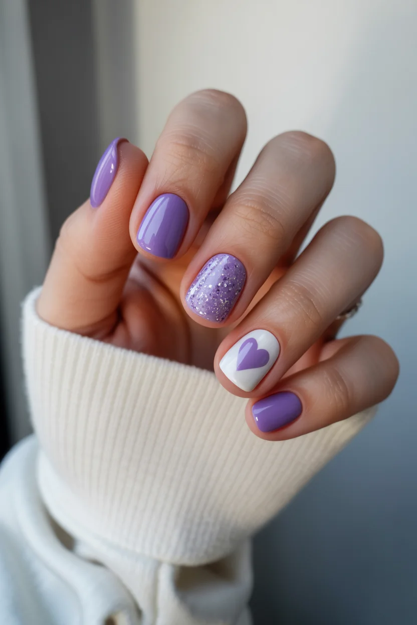 short summer nails 2026 Lavender Heart Nails With Soft Romantic Energy
