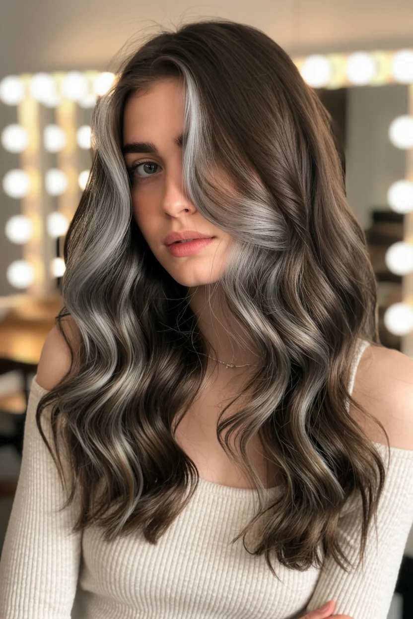smoky summer ash brown hair color 2026 Cool Smoky Ash Brown with Face-Framing Silver Accents