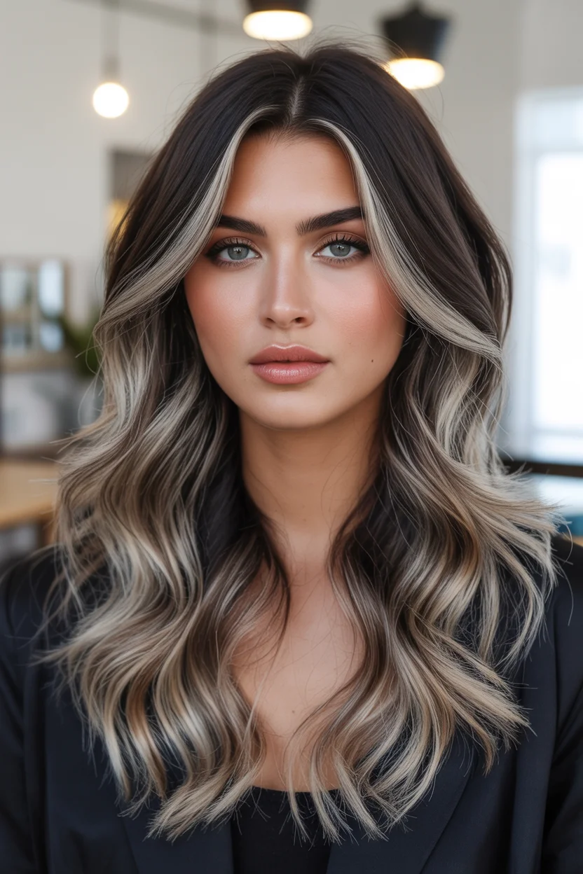smoky summer ash brown hair color 2026 High-Contrast Ash Brown with Bold Face-Framing Highlights
