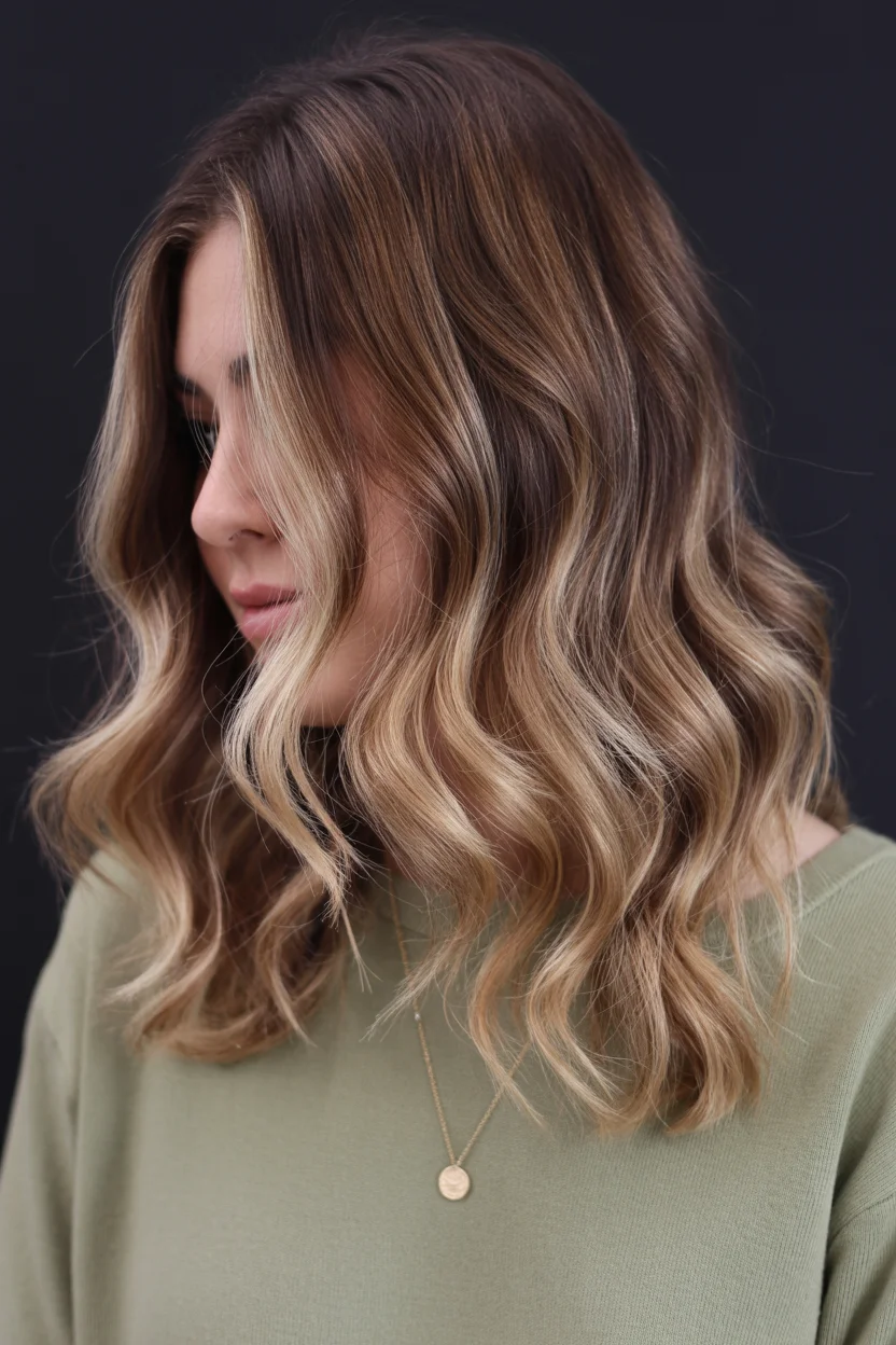 smoky summer ash brown hair color 2026 Dimensional Ash Brown Lob with Soft Blonde Contrast